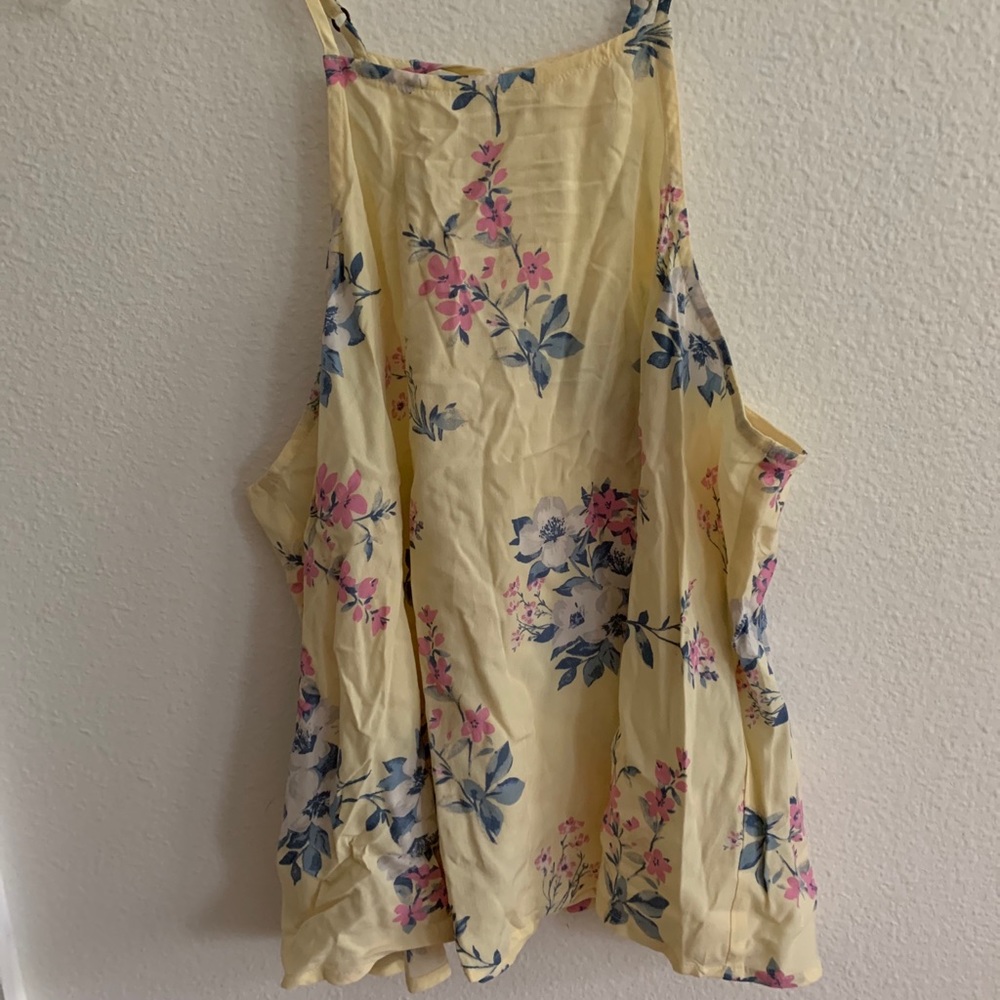 Yellow tank top with pink/blue/white flowers